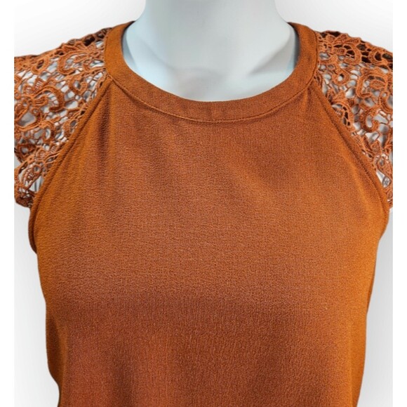 Monteau Blouse Size Large Burnt Orange Lace Sleeves Keyhole Back Pullover - Picture 5 of 9